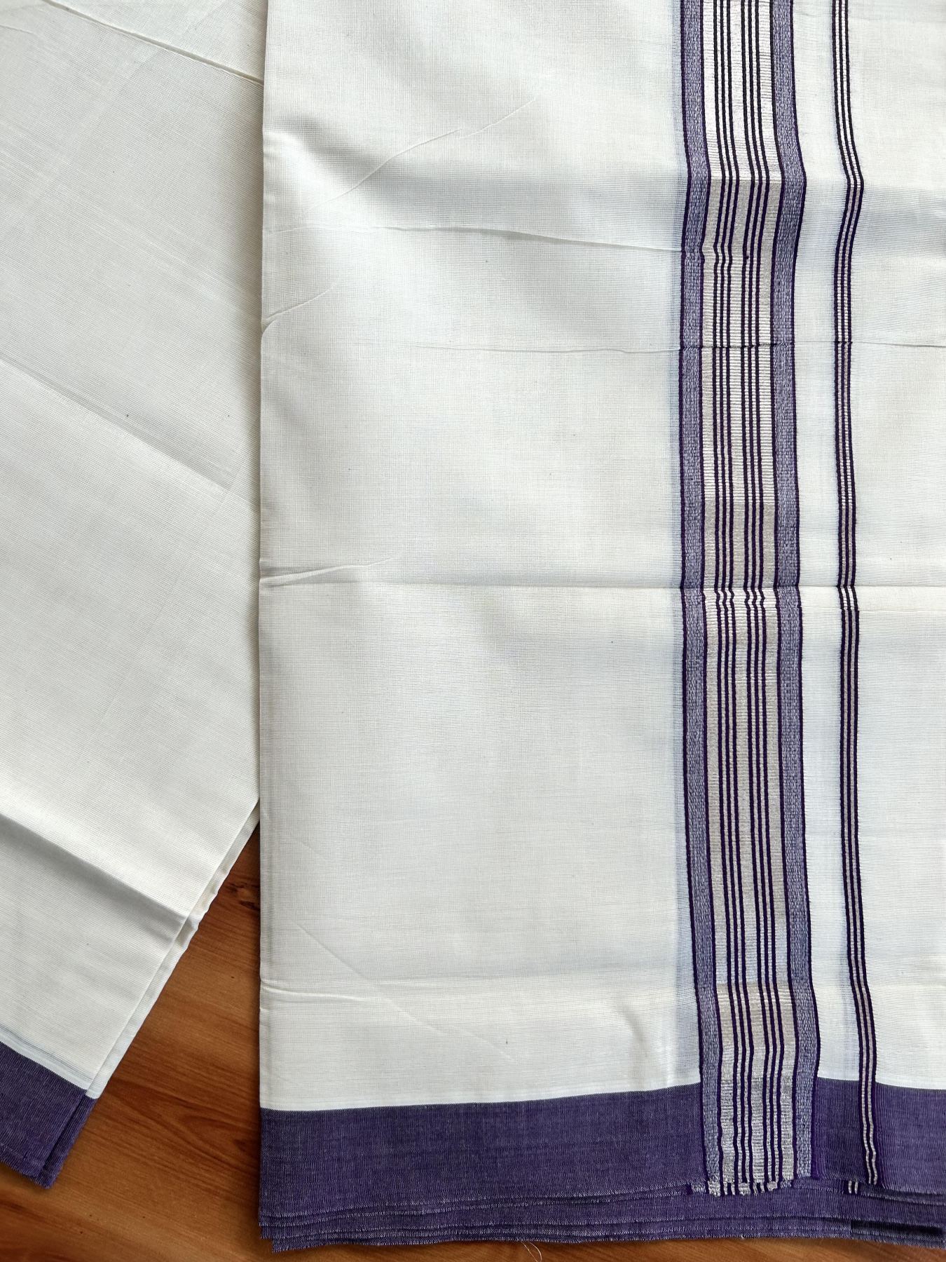 Double Off White  Mundu/Dhoti- 20% Discount! KaithariKada Balaramapuram Pure Cotton - 80s - 1.5 inch Silver Kasav & Dark Violet Striped Kara - 4mtr (8.5muzham) - 9 KK5417 VAS