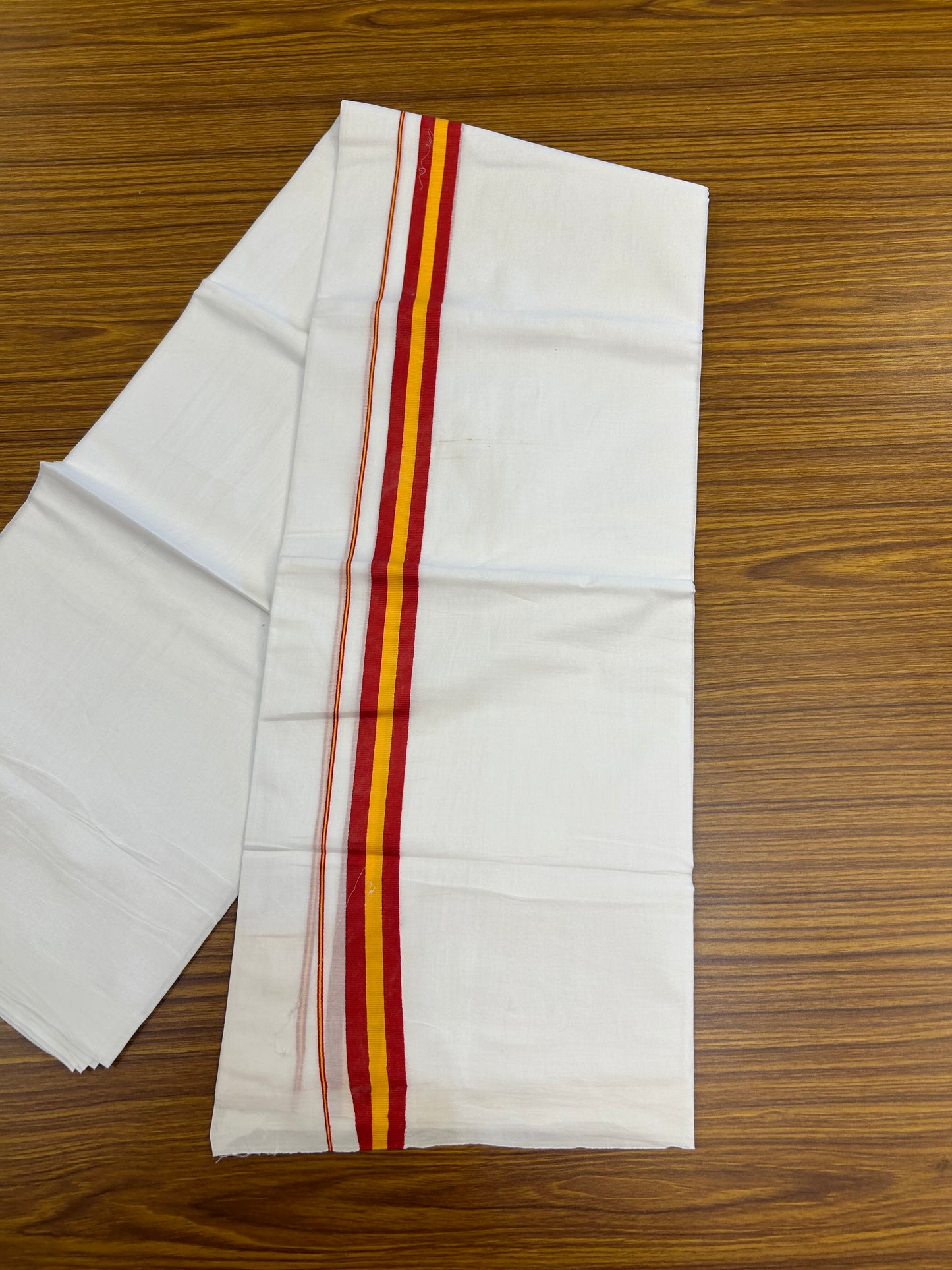 Tvk Veshti - 20% Discount ! KaithariKada 100% Cotton Pure White Double Mundu/Dhoti - 100X80 - 1.25 inch Maroon & Yellow kara 3.70 mtr (8 muzham) - 3 KK5372 PMC