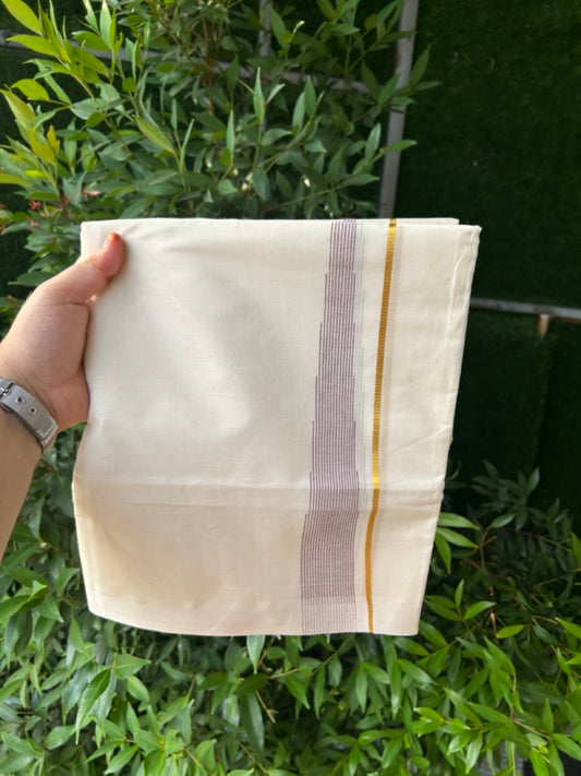 20% Discount ! Kaitharikada Balaramapuram 100% Pure Cotton Double Off white (Unbleached) Mundu/Dhoti - 100x80 - 1.5 inch Gold Kasav & Pastel Maroon Shaded Stripes Chutty Kara - 18 KK5283 PMC