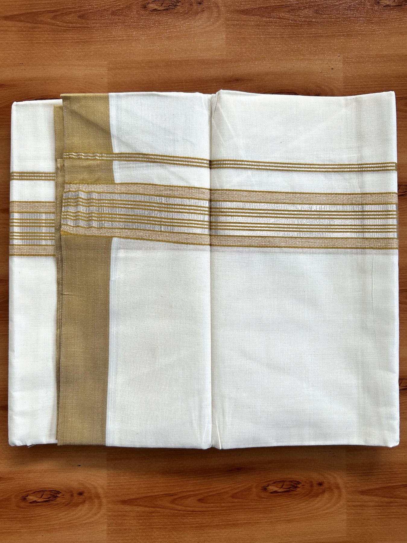 Double Off White  Mundu/Dhoti- 20% Discount! KaithariKada Balaramapuram Pure Cotton - 80s - 1.5 inch Silver Kasav & Mustard Striped Kara - 4mtr (8.5muzham) - 7 KK5417 VAS