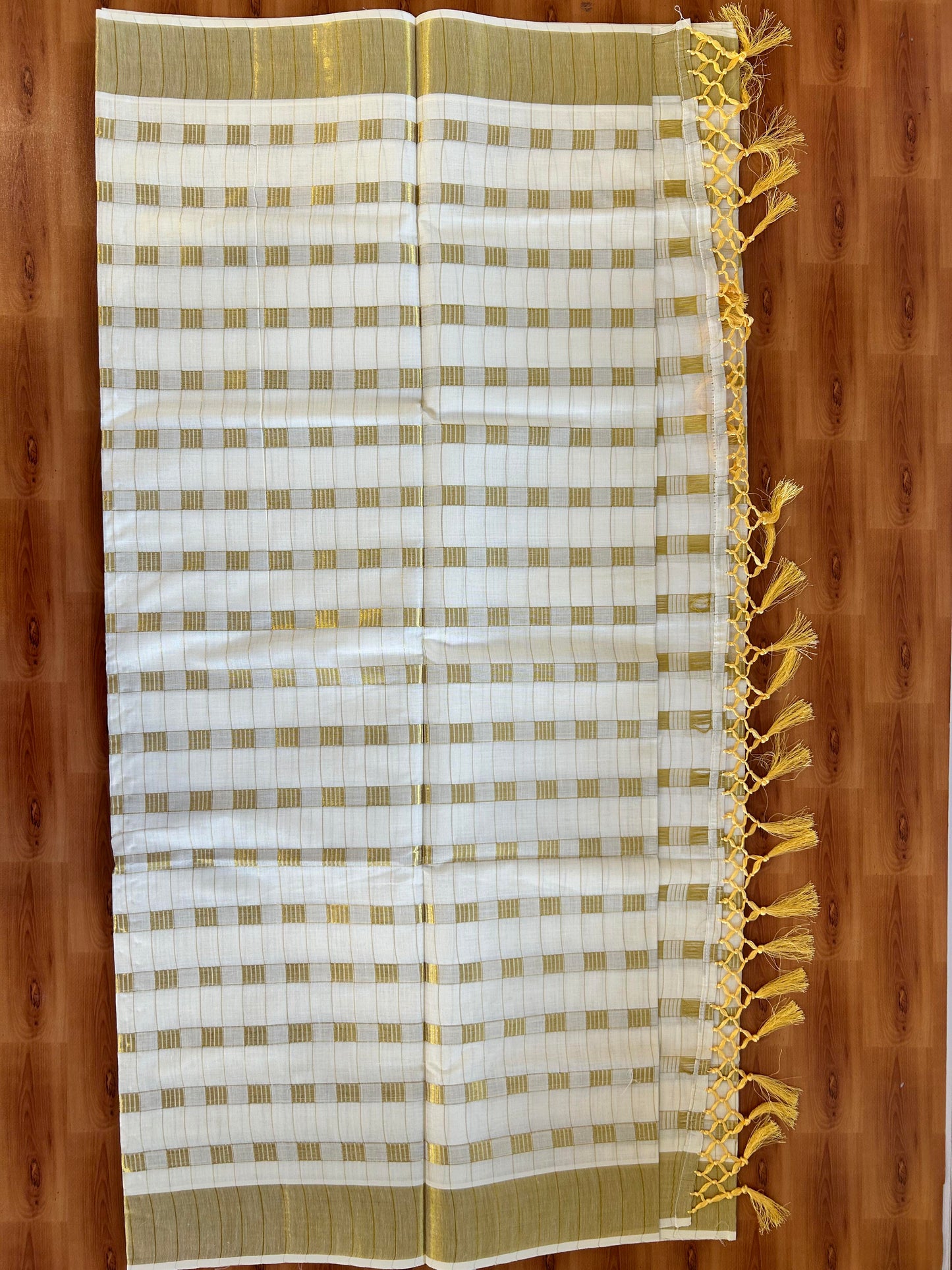 25% Discount! Kaitharikada Kerala Traditional Saree Off white- Mixed Cotton Kasav Saree - Gold Kasav Check Striped Body - 76 KK7000 PMC