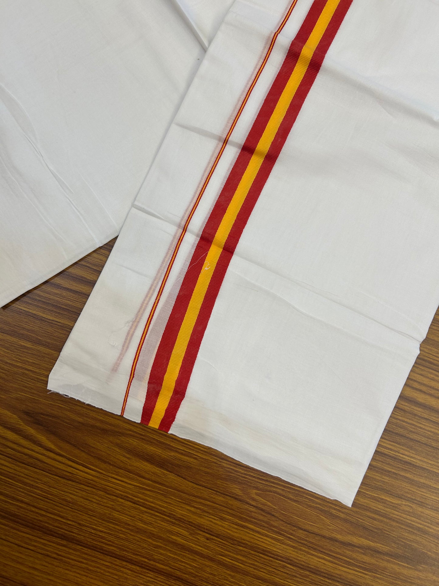 Tvk Veshti - 20% Discount ! KaithariKada 100% Cotton Pure White Double Mundu/Dhoti - 100X80 - 1.25 inch Maroon & Yellow kara 3.70 mtr (8 muzham) - 3 KK5372 PMC