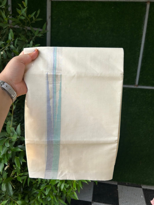 20% Discount! KaithariKada Balaramapuram 100%  Cotton Double off white  (Unbleached) Mundu/Dhoti - 100X80 - 1.5 inch Silver kasavu Blue & Turquoise Green striped chutty - 4 mtr (8.5 Muzham) - 44 KK5283 PMC