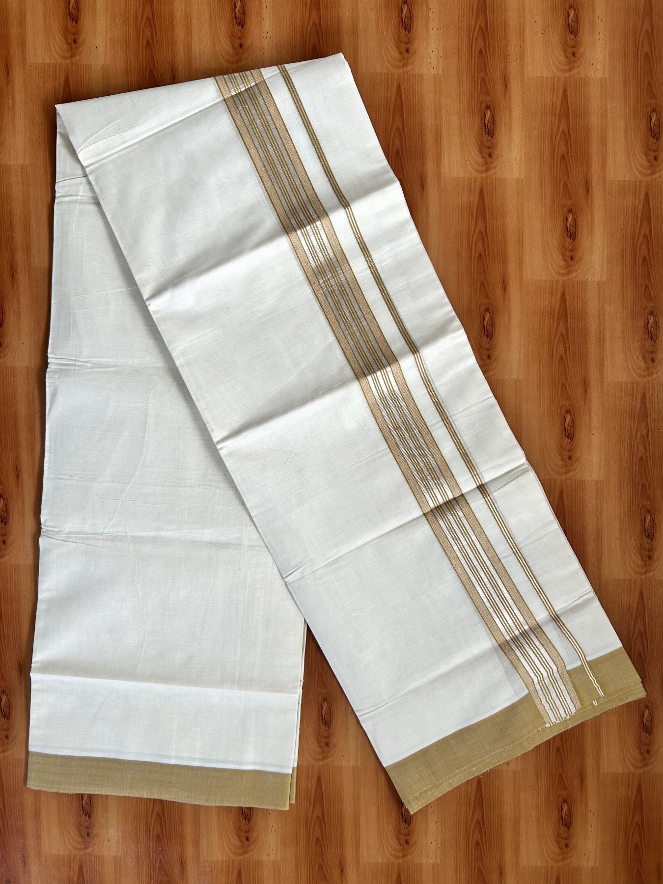 Double Off White  Mundu/Dhoti- 20% Discount! KaithariKada Balaramapuram Pure Cotton - 80s - 1.5 inch Silver Kasav & Mustard Striped Kara - 4mtr (8.5muzham) - 7 KK5417 VAS