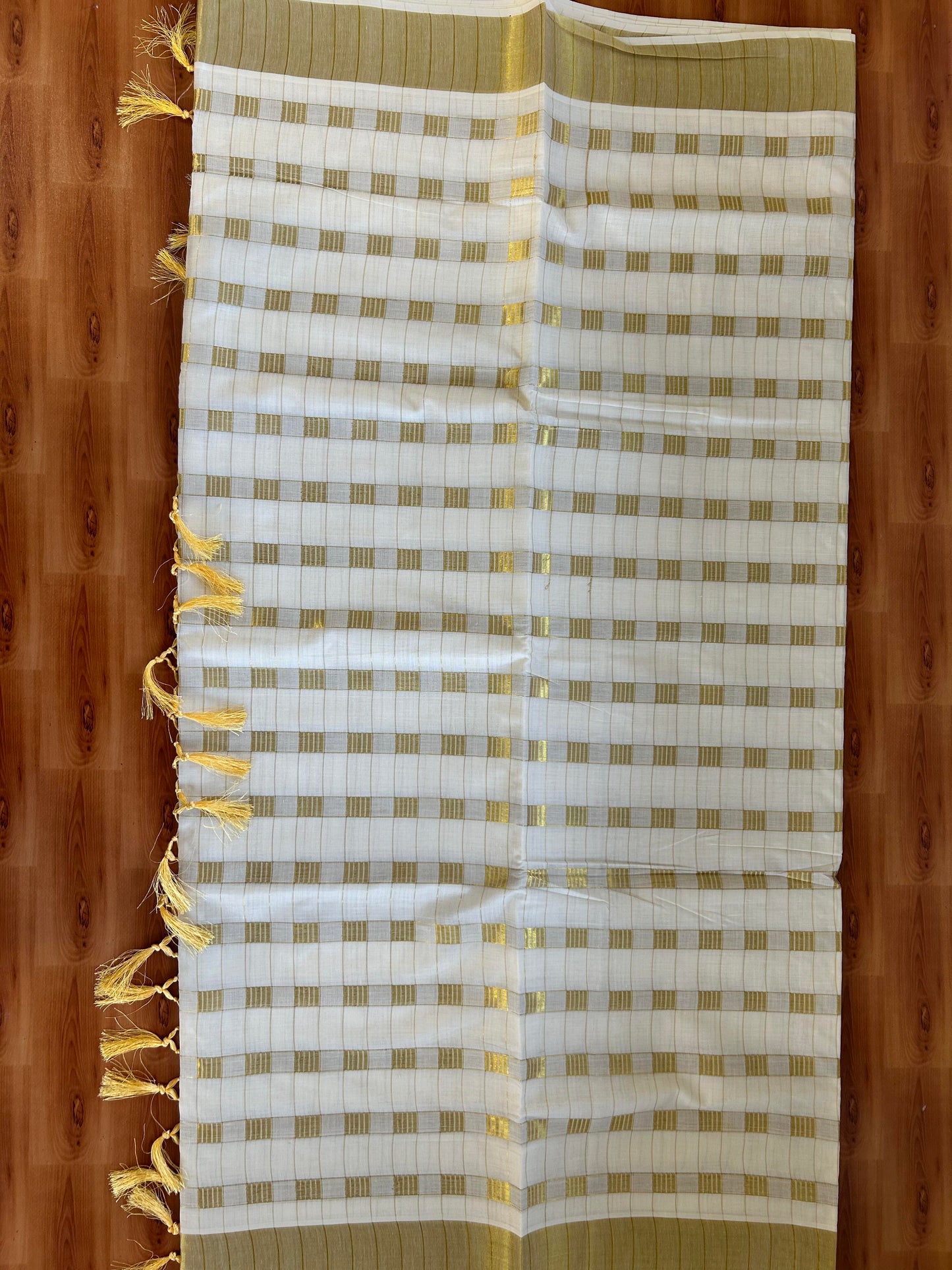 25% Discount! Kaitharikada Kerala Traditional Saree Off white- Mixed Cotton Kasav Saree - Gold Kasav Check Striped Body - 76 KK7000 PMC