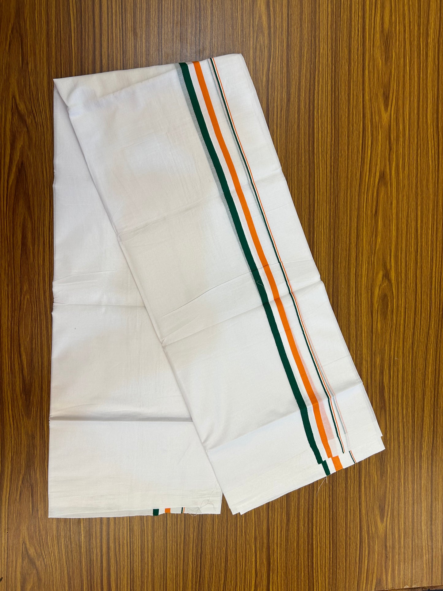 Congress Veshti - 20% Discount ! KaithariKada 100% Cotton Pure White Double Mundu/Dhoti - 100X80 - 1 inch Orange White & Green kara 3.70 mtr (8 muzham) - 4 KK5372 PMC