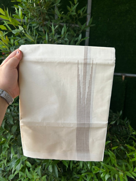 20% Discount! KaithariKada Balaramapuram 100% Cotton Double off white (Unbleached) Mundu/Dhoti - 100X80 - 1.5 inch Brown Striped chutty Kara 4 mtr (8.5 Muzham) - 63 KK5283 PMC