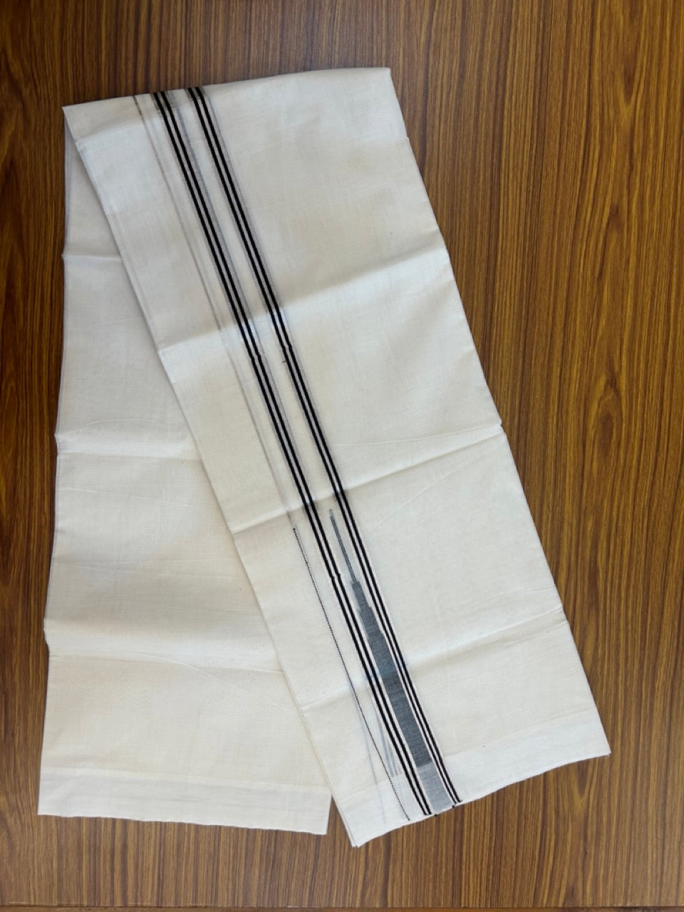 20% Discount! KaithariKada Balaramapuram 100%  Cotton Double off white (Unbleached) Mundu/Dhoti - 100X80 - 1.75 inch Silver kasav & Black Striped chutty Kara 4 mtr (8.5 Muzham) - 49 KK5283 PMC