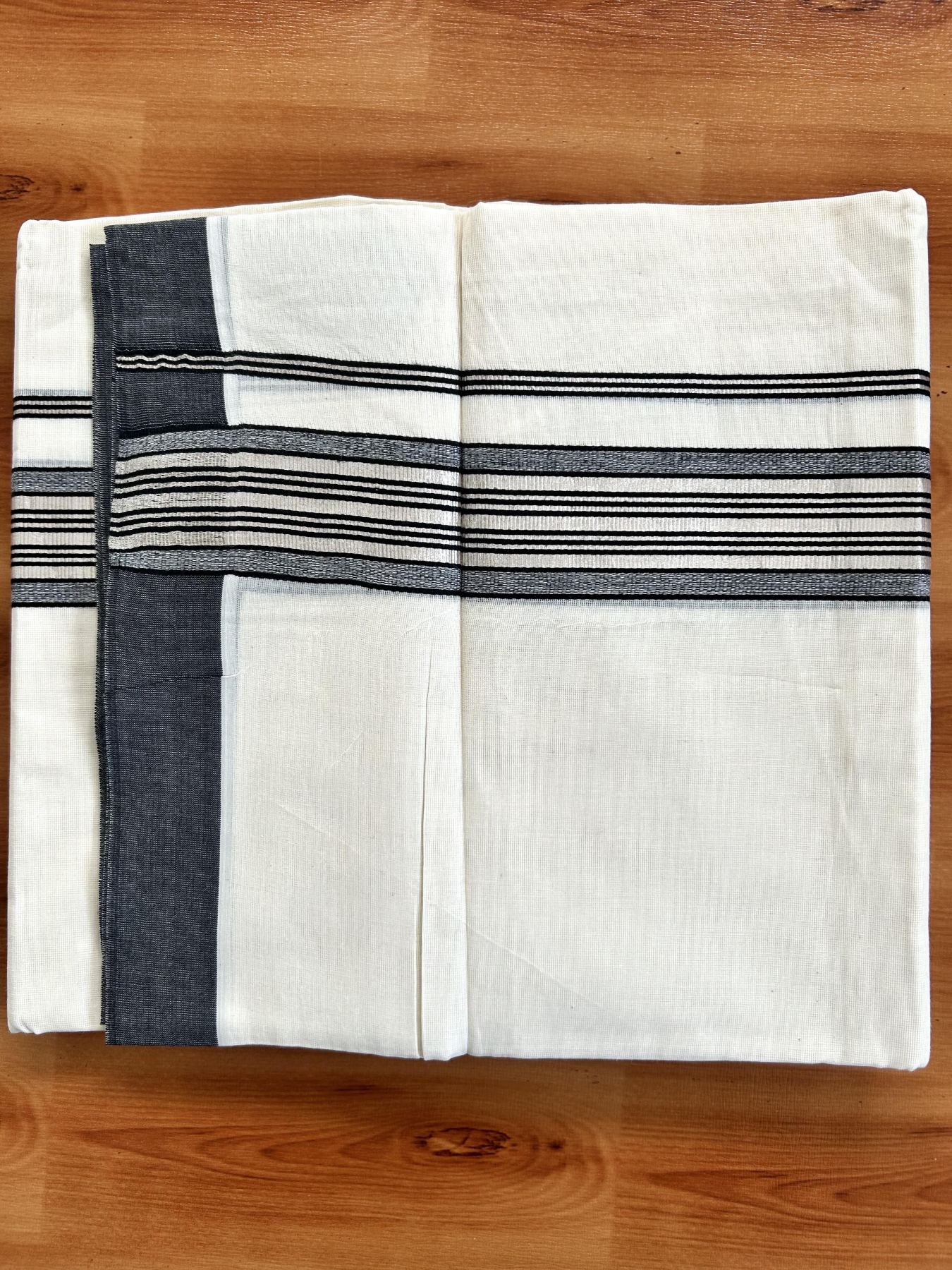 Double Off White  Mundu/Dhoti- 20% Discount! KaithariKada Balaramapuram Pure Cotton - 80s - 1.5 inch Silver Kasav & Black Striped Kara - 4mtr (8.5muzham) - 11 KK5417 VAS