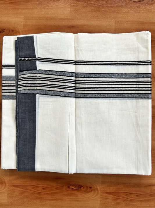 Double Off White  Mundu/Dhoti- 20% Discount! KaithariKada Balaramapuram Pure Cotton - 80s - 1.5 inch Silver Kasav & Black Striped Kara - 4mtr (8.5muzham) - 11 KK5417 VAS