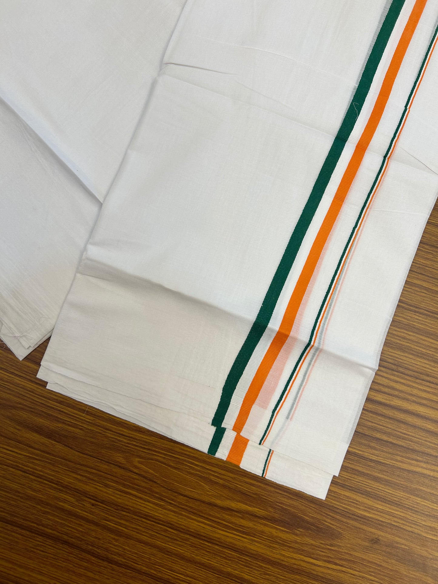 Congress Veshti - 20% Discount ! KaithariKada 100% Cotton Pure White Double Mundu/Dhoti - 100X80 - 1 inch Orange White & Green kara 3.70 mtr (8 muzham) - 4 KK5372 PMC