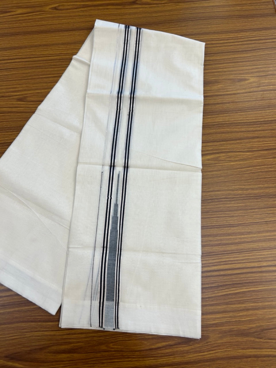 20% Discount! KaithariKada Balaramapuram 100%  Cotton Double off white (Unbleached) Mundu/Dhoti - 100X80 - 1.75 inch Silver kasav & Black Striped chutty Kara 4 mtr (8.5 Muzham) - 49 KK5283 PMC