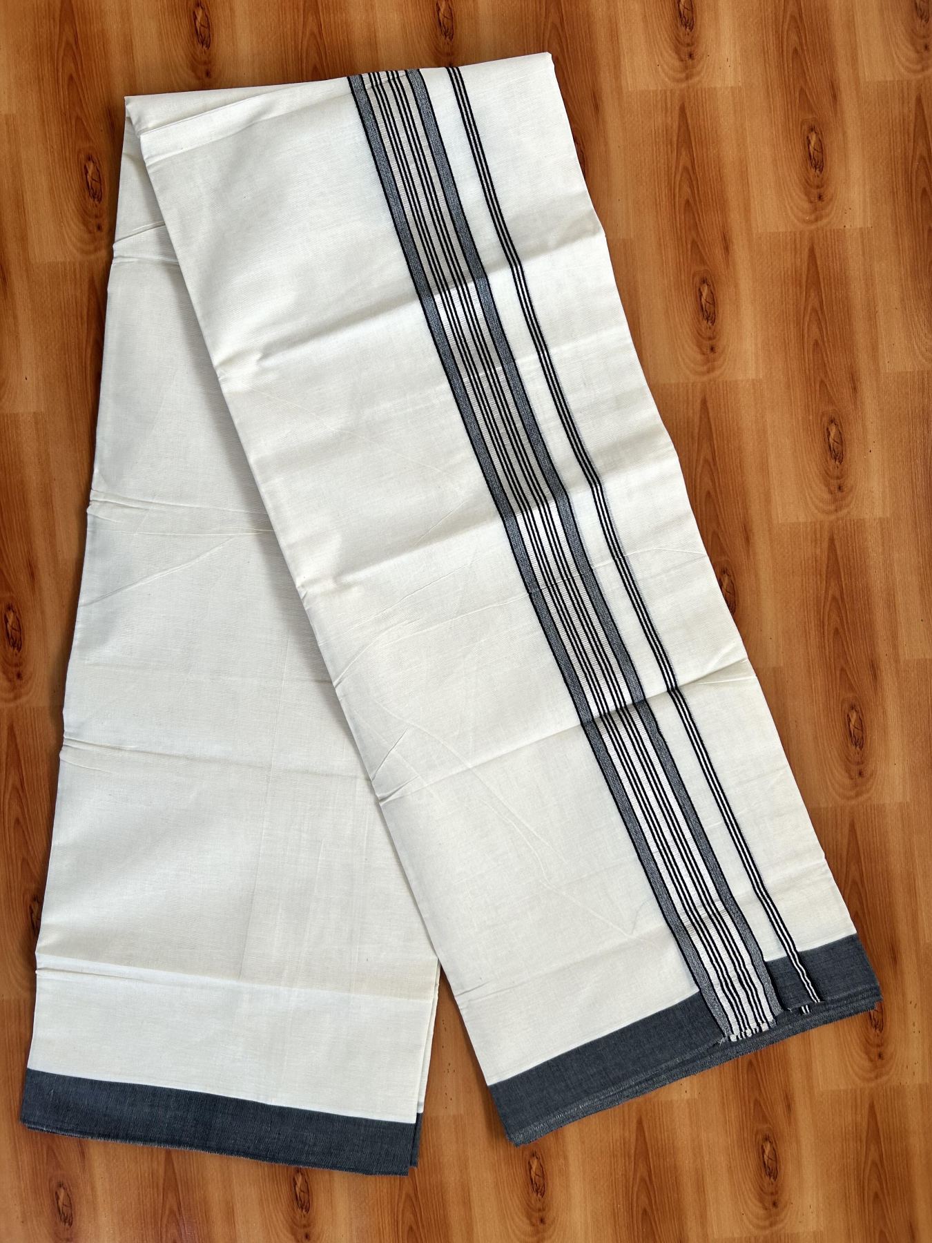 Double Off White  Mundu/Dhoti- 20% Discount! KaithariKada Balaramapuram Pure Cotton - 80s - 1.5 inch Silver Kasav & Black Striped Kara - 4mtr (8.5muzham) - 11 KK5417 VAS
