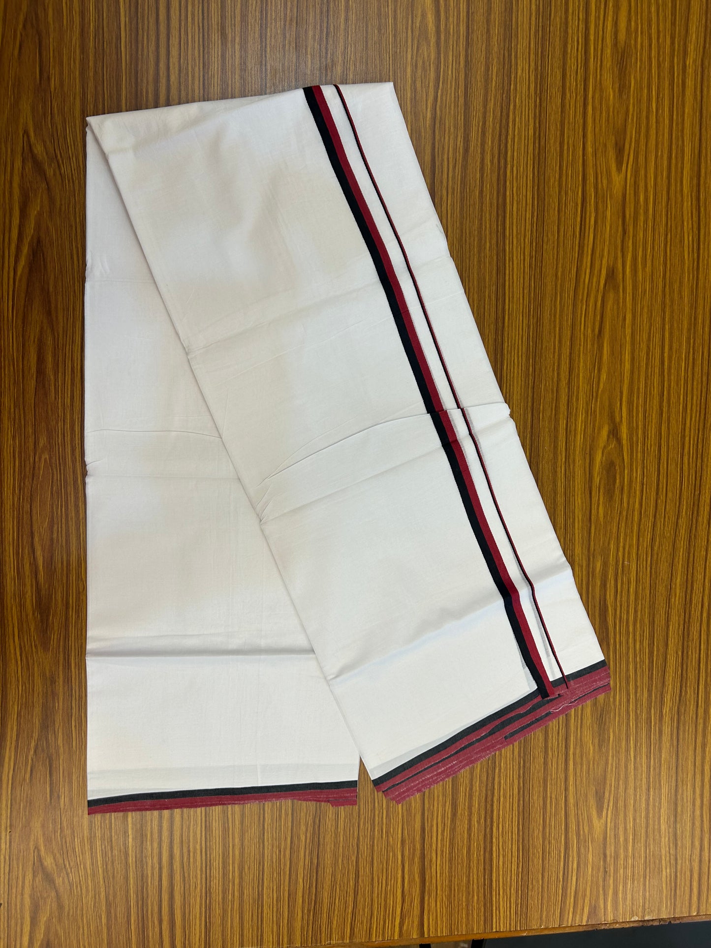 Dmk Veshti - 20% Discount ! KaithariKada 100% Cotton Pure White Double Mundu/Dhoti - 100X80 - 0.5 inch Black & Maroon Red kara 3.70 mtr (8 muzham) - 1 KK5372 PMC