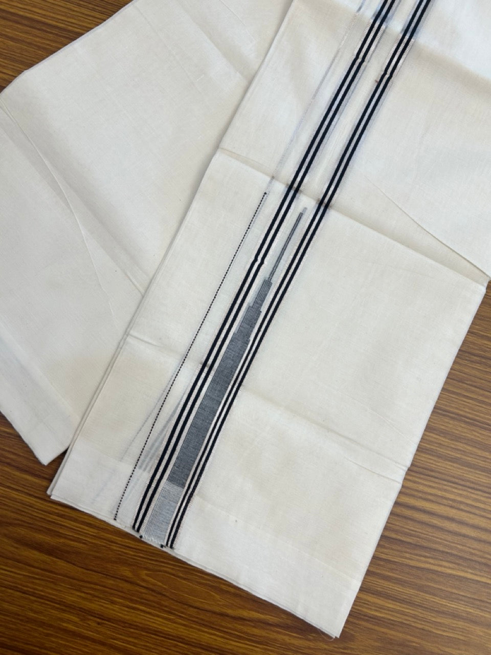 20% Discount! KaithariKada Balaramapuram 100%  Cotton Double off white (Unbleached) Mundu/Dhoti - 100X80 - 1.75 inch Silver kasav & Black Striped chutty Kara 4 mtr (8.5 Muzham) - 49 KK5283 PMC