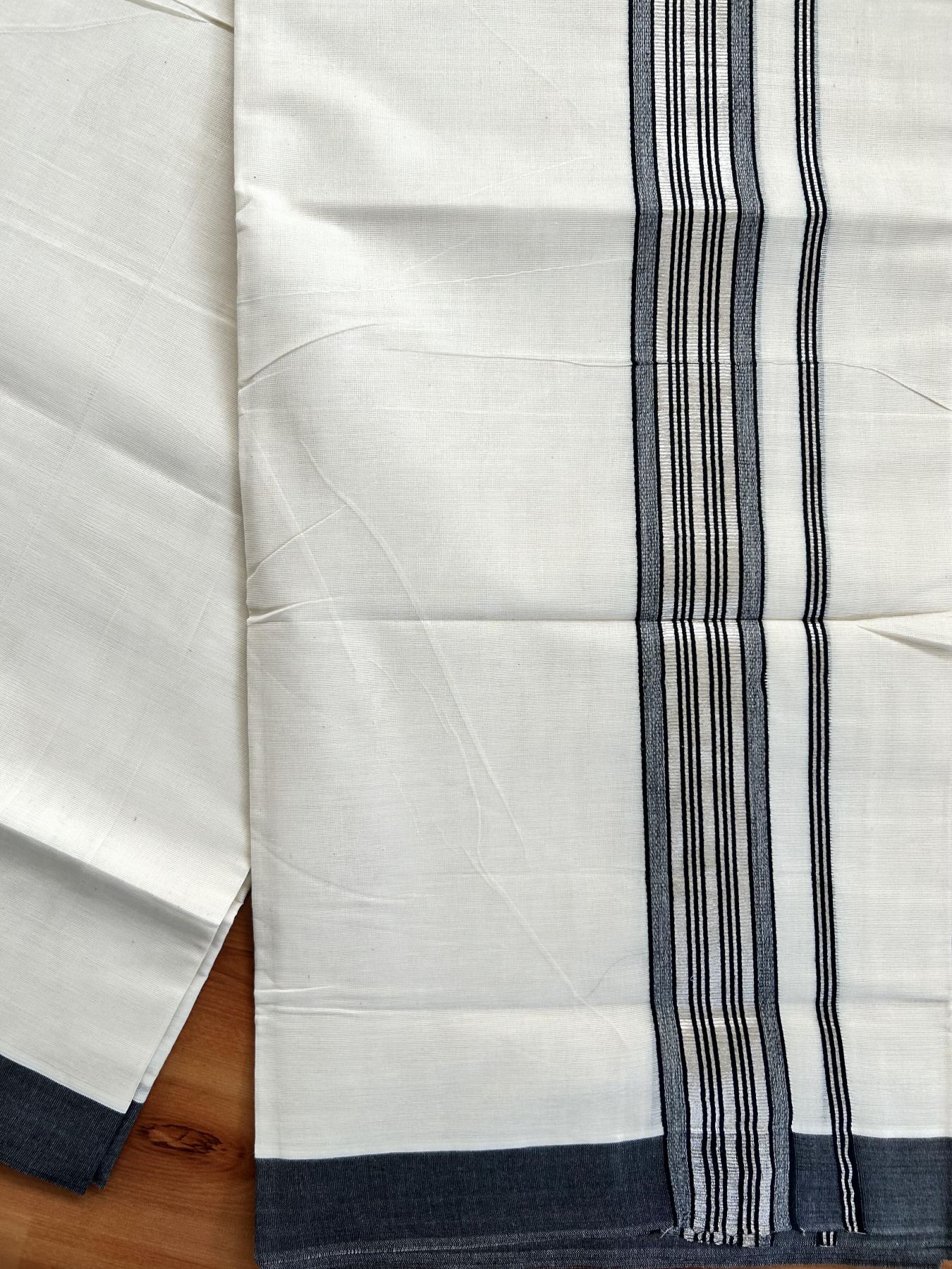 Double Off White  Mundu/Dhoti- 20% Discount! KaithariKada Balaramapuram Pure Cotton - 80s - 1.5 inch Silver Kasav & Black Striped Kara - 4mtr (8.5muzham) - 11 KK5417 VAS