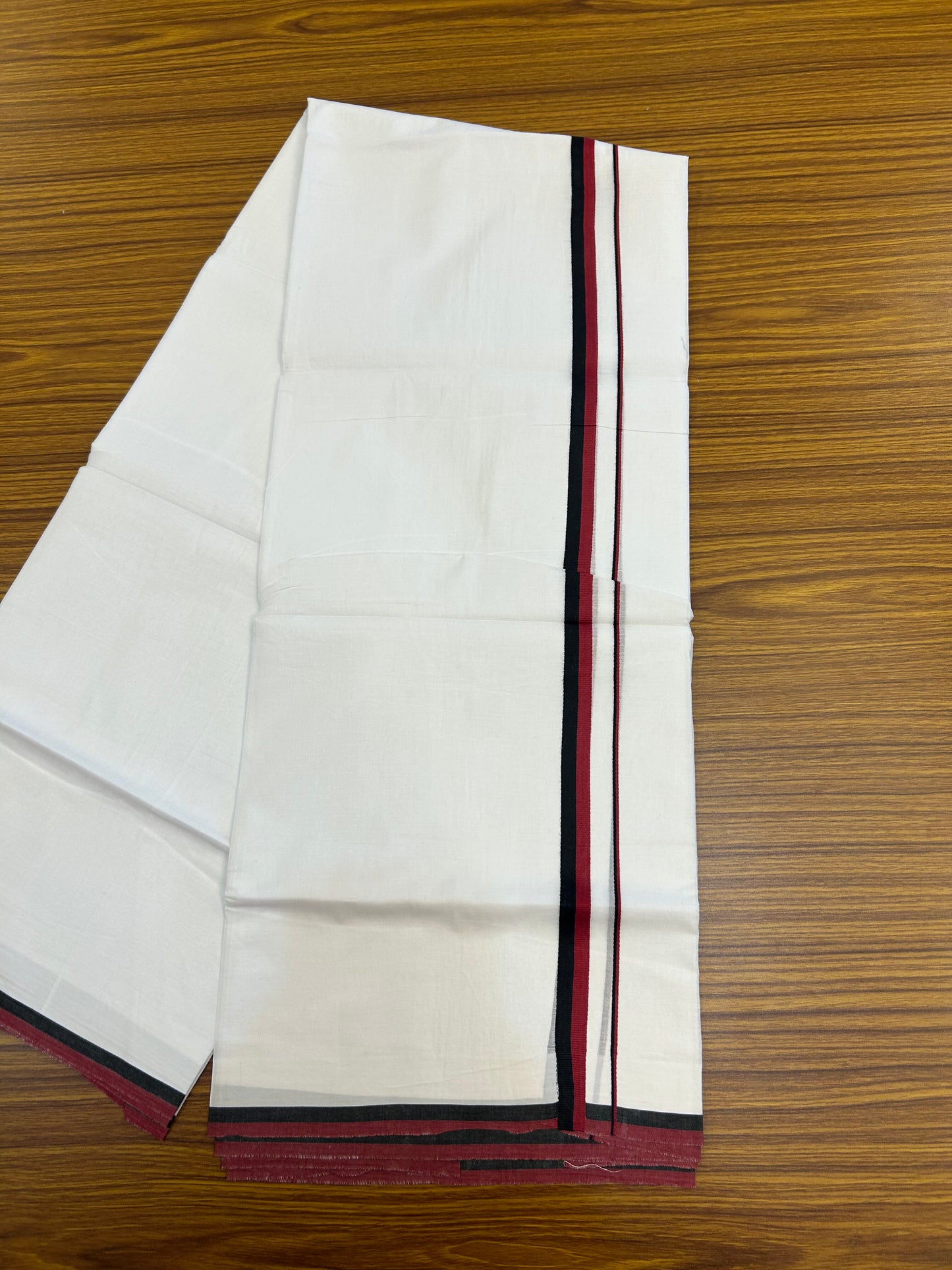 Dmk Veshti - 20% Discount ! KaithariKada 100% Cotton Pure White Double Mundu/Dhoti - 100X80 - 0.5 inch Black & Maroon Red kara 3.70 mtr (8 muzham) - 1 KK5372 PMC