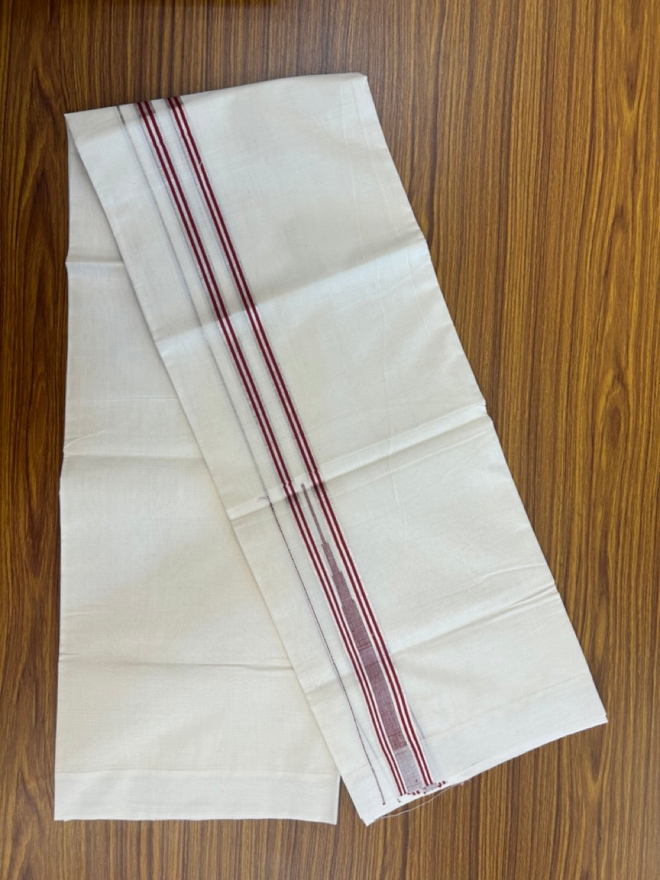 20% Discount! KaithariKada Balaramapuram 100%  Cotton Double off white (Unbleached) Mundu/Dhoti - 100X80 - 1.5 inch Silver kasav & Reddish Maroon Striped chutty Kara 4 mtr (8.5 Muzham) - 46 KK5283 PMC