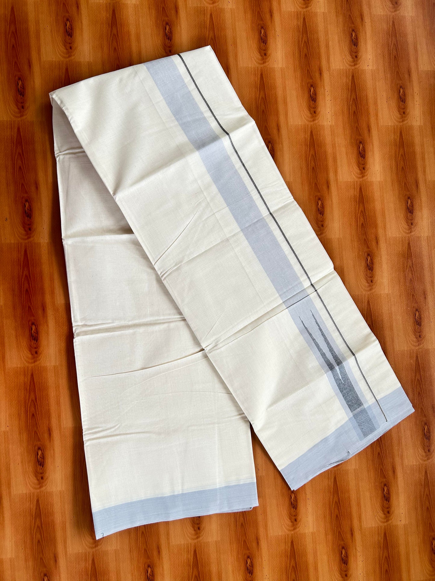 Double off white (Unbleached) Mundu/Dhoti - 20% Discount! KaithariKada Balaramapuram  Pure Cotton - 100X80 - 1.5 inch Silver kasavu & Greyish Lavender & Black Shaded striped chutty - 4 mtr (8.5 Muzham) - 12 KK5428 VAS