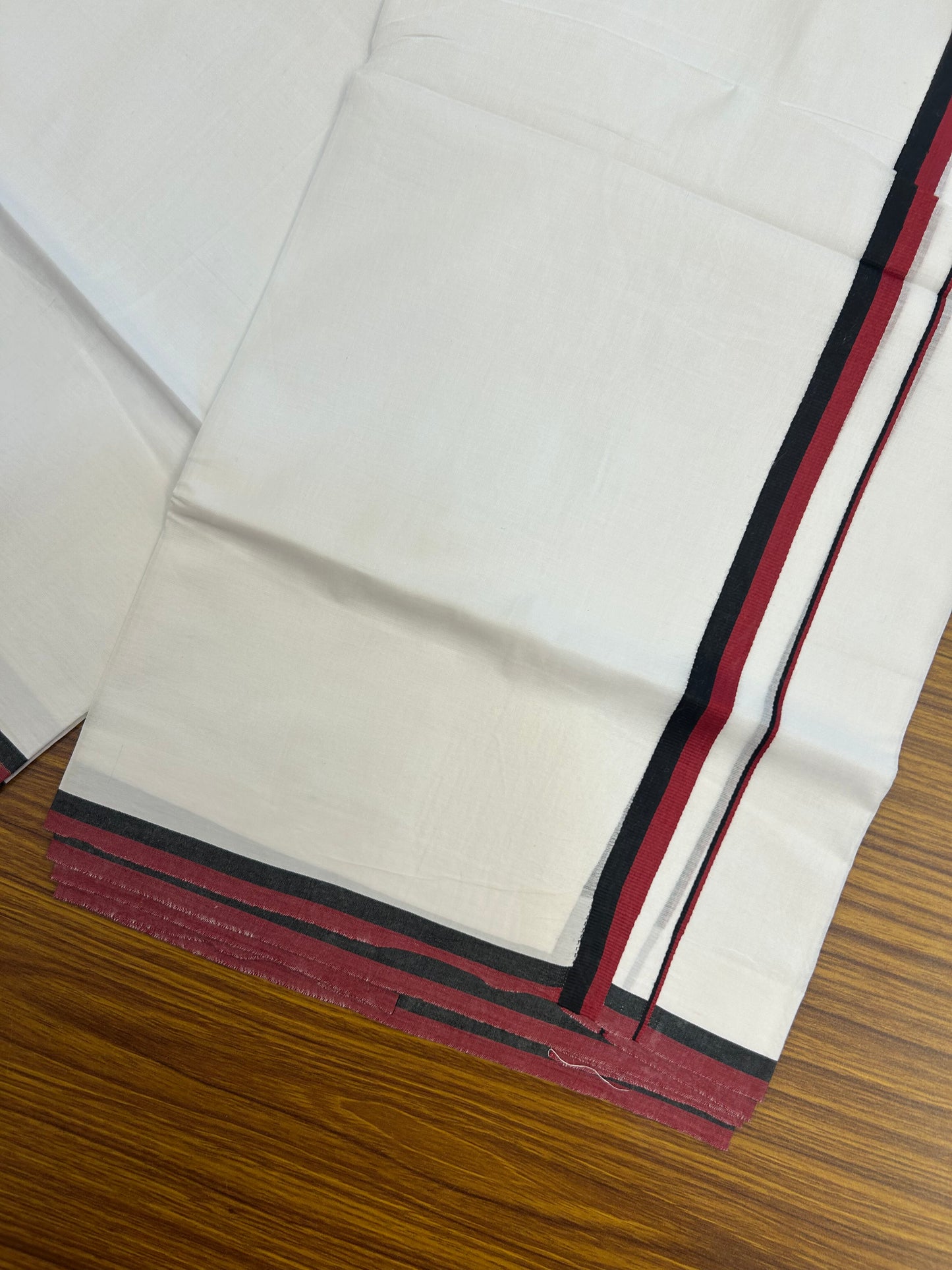Dmk Veshti - 20% Discount ! KaithariKada 100% Cotton Pure White Double Mundu/Dhoti - 100X80 - 0.5 inch Black & Maroon Red kara 3.70 mtr (8 muzham) - 1 KK5372 PMC