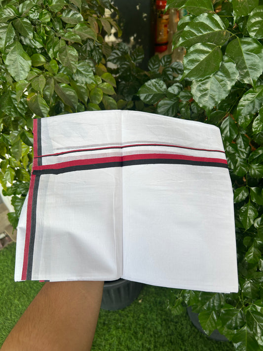 Dmk Veshti - 20% Discount ! KaithariKada 100% Cotton Pure White Double Mundu/Dhoti - 100X80 - 0.5 inch Black & Maroon Red kara 3.70 mtr (8 muzham) - 1 KK5372 PMC
