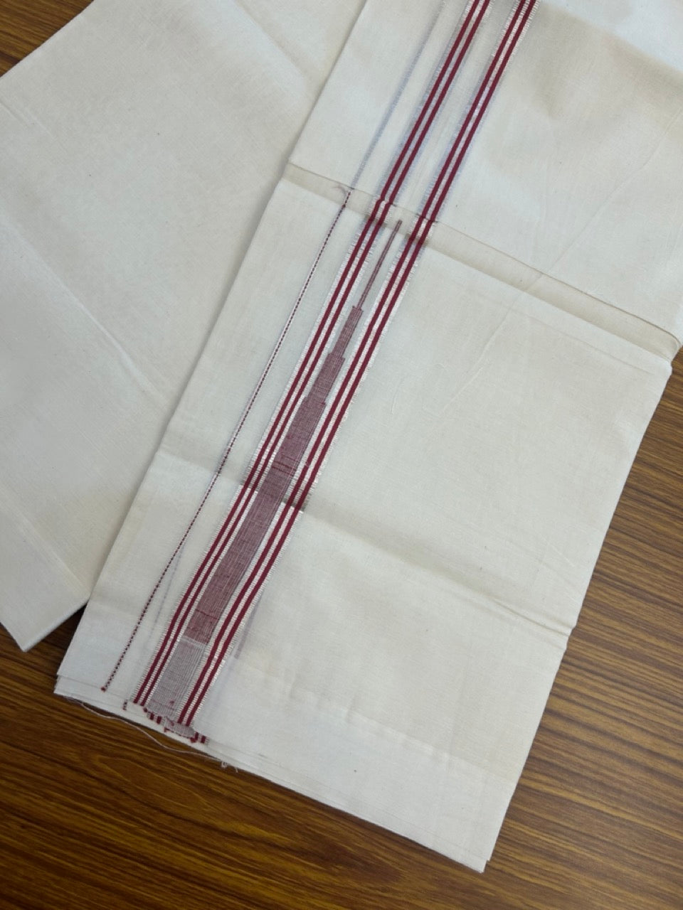 20% Discount! KaithariKada Balaramapuram 100%  Cotton Double off white (Unbleached) Mundu/Dhoti - 100X80 - 1.5 inch Silver kasav & Reddish Maroon Striped chutty Kara 4 mtr (8.5 Muzham) - 46 KK5283 PMC