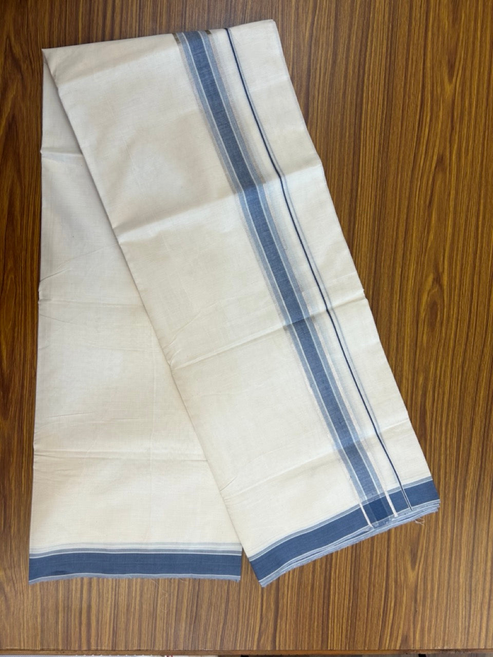 20% Discount! KaithariKada Balaramapuram 100% Cotton Double off white (Unbleached) Mundu/Dhoti - 100X80 - 1.75 inch Silver kasav & Ash Blue Striped Kara 4 mtr (8.5 Muzham) - 67 KK5283 PMC