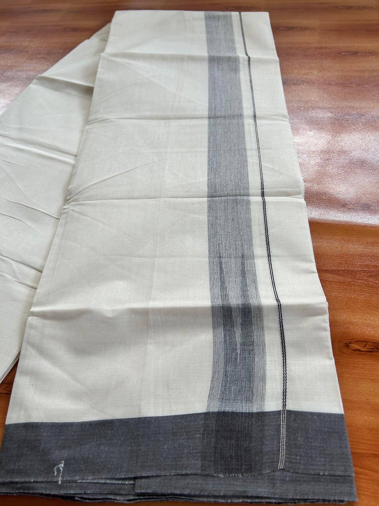Double off white (Unbleached) Mundu/Dhoti - 20% Discount! KaithariKada Balaramapuram  Pure Cotton - 100X80 - 1.5 inch Silver kasavu & Brown & Black Shaded striped chutty - 4 mtr (8.5 Muzham) - 14 KK5428 VAS