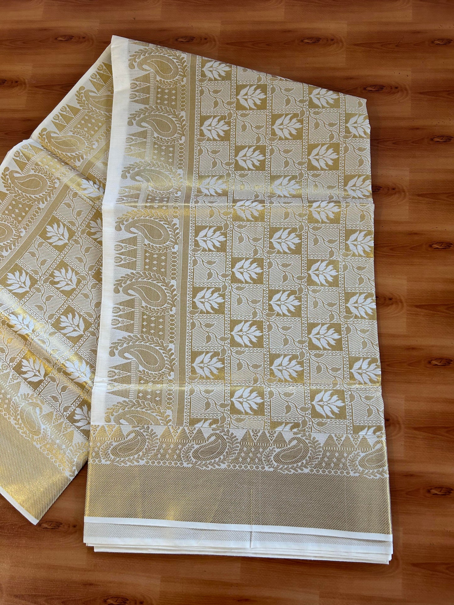25% Discount! Kaitharikada Kerala Traditional Saree Off white- Mixed Cotton Kasav Saree - Gold Kasav Design Body - 78 KK7000 PMC