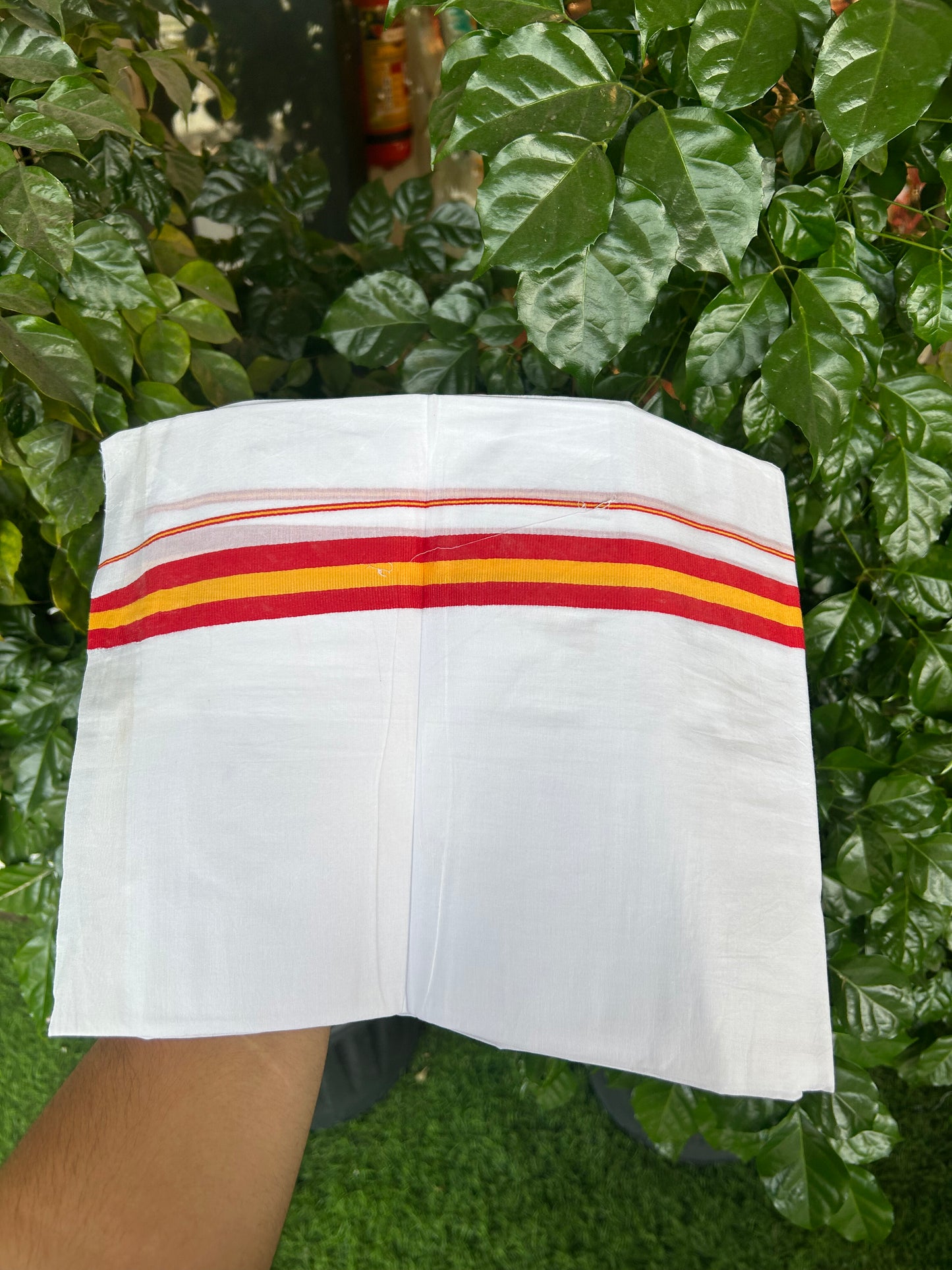 Tvk Veshti - 20% Discount ! KaithariKada 100% Cotton Pure White Double Mundu/Dhoti - 100X80 - 1.25 inch Maroon & Yellow kara 3.70 mtr (8 muzham) - 3 KK5372 PMC