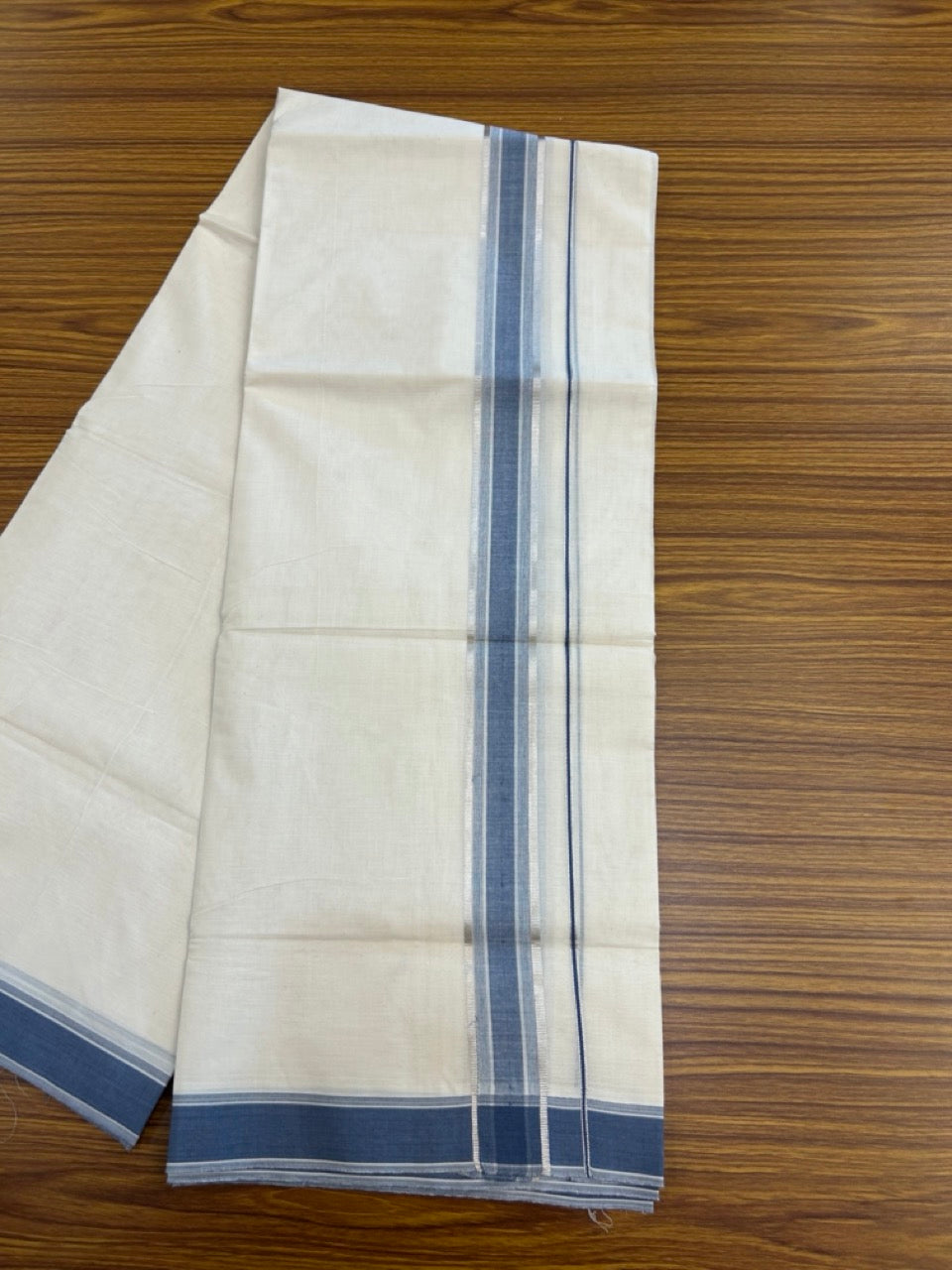 20% Discount! KaithariKada Balaramapuram 100% Cotton Double off white (Unbleached) Mundu/Dhoti - 100X80 - 1.75 inch Silver kasav & Ash Blue Striped Kara 4 mtr (8.5 Muzham) - 67 KK5283 PMC