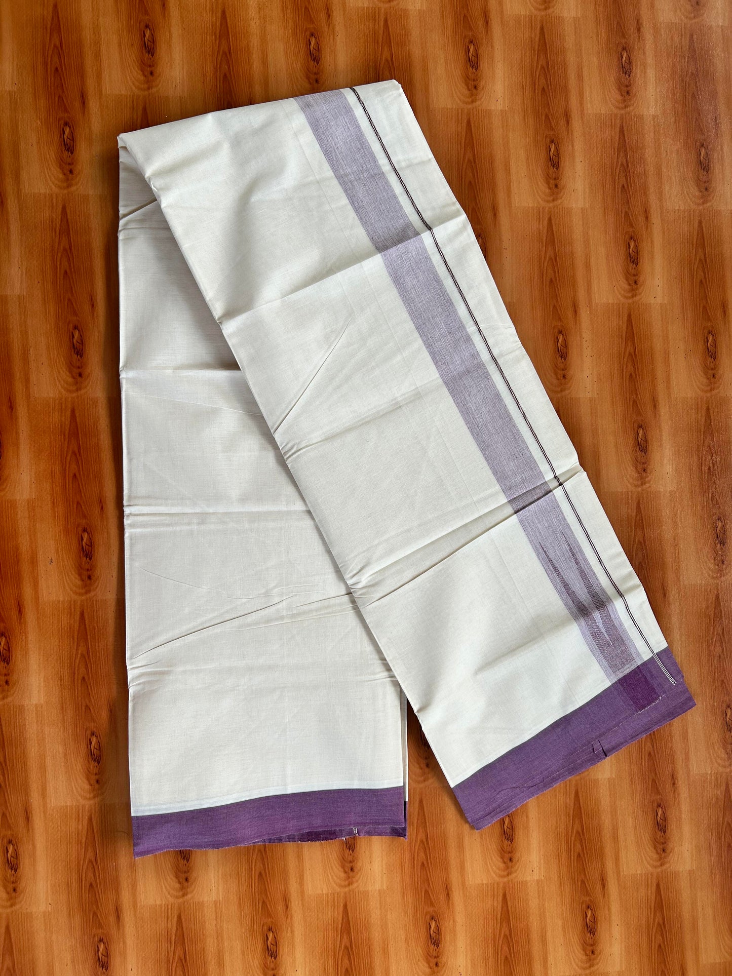 Double off white (Unbleached) Mundu/Dhoti - 20% Discount! KaithariKada Balaramapuram  Pure Cotton - 100X80 - 1.5 inch Silver kasavu & Purple shaded striped chutty - 4 mtr (8.5 Muzham) - 11 KK5428 VAS