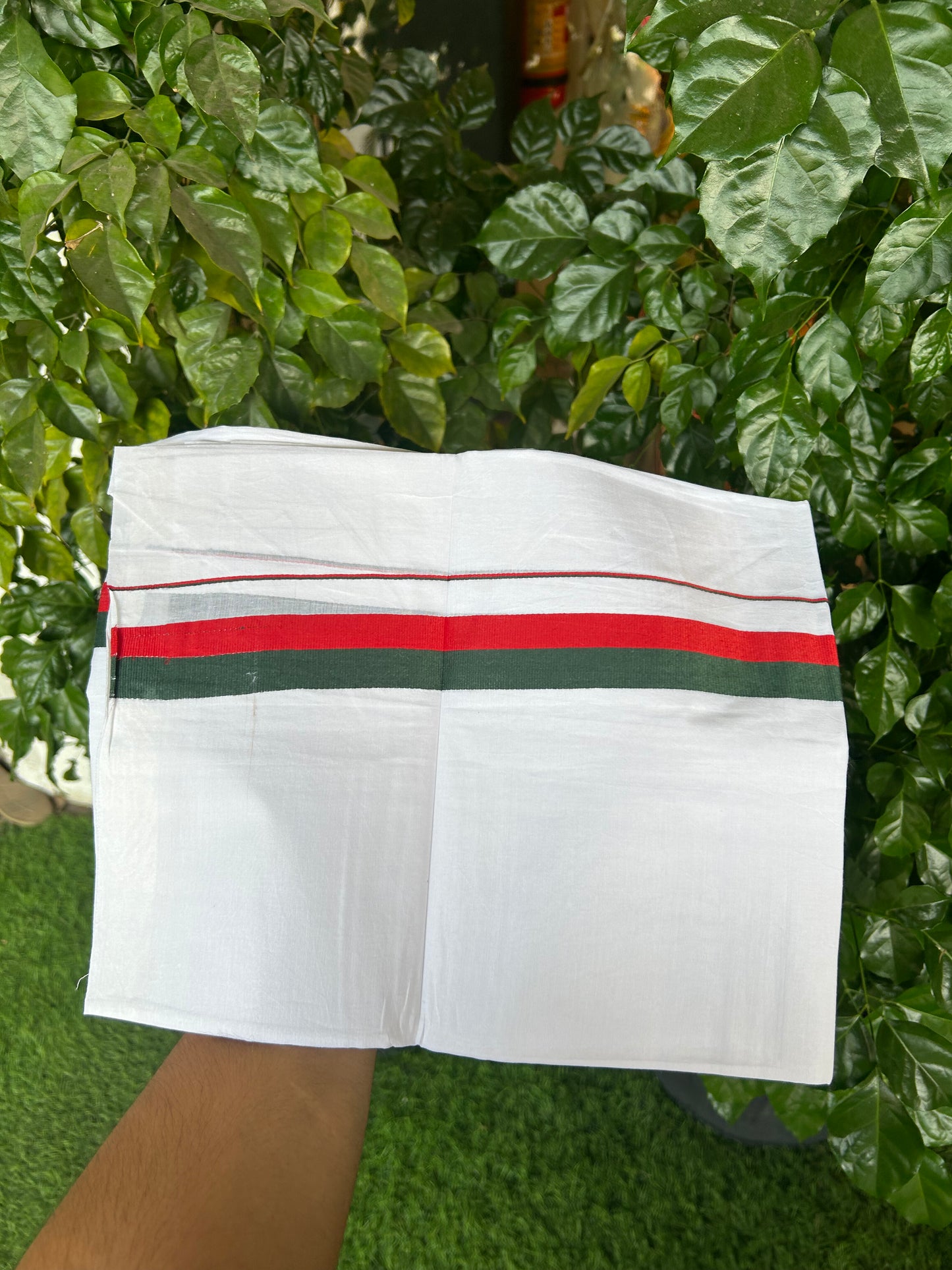 Sdpi Veshti - 20% Discount ! KaithariKada 100% Cotton Pure White Double Mundu/Dhoti - 100X80 - 1 inch Maroon & Green kara 3.70 mtr (8 muzham) - 5 KK5372 PMC