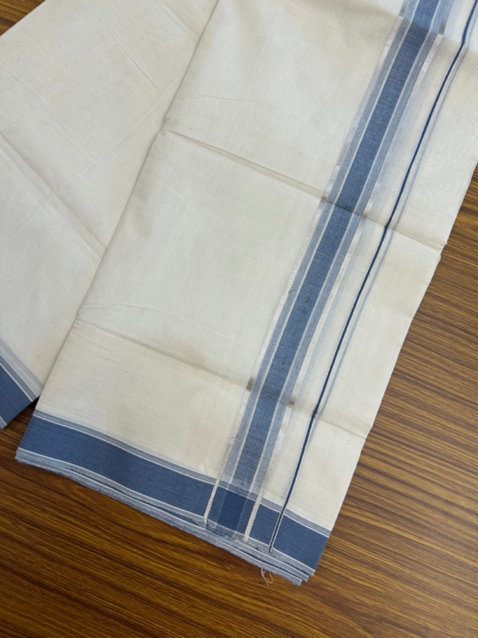 20% Discount! KaithariKada Balaramapuram 100% Cotton Double off white (Unbleached) Mundu/Dhoti - 100X80 - 1.75 inch Silver kasav & Ash Blue Striped Kara 4 mtr (8.5 Muzham) - 67 KK5283 PMC