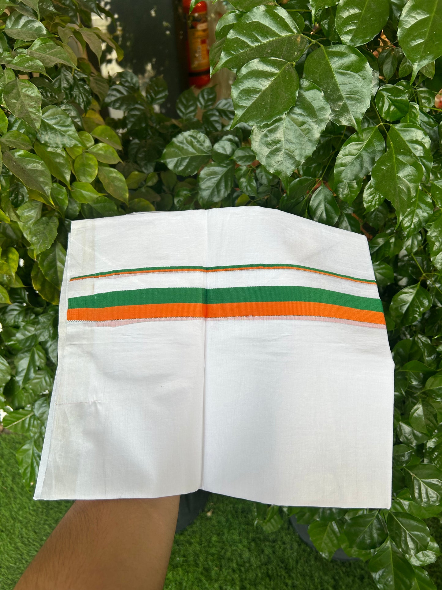 BJP Veshti - 20% Discount ! KaithariKada 100% Cotton Pure White Double Mundu/Dhoti - 100X80 - 1 inch Orange & Green kara 3.70 mtr (8 muzham) - 2 KK5372 PMC