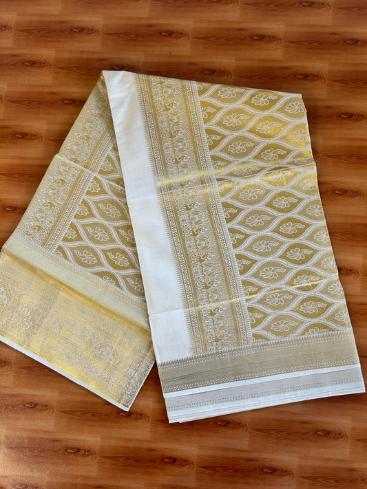 25% Discount! Kaitharikada Kerala Traditional Saree Off white- Mixed Cotton Kasav Saree - Gold Kasav Design Body - 79 KK7000 PMC