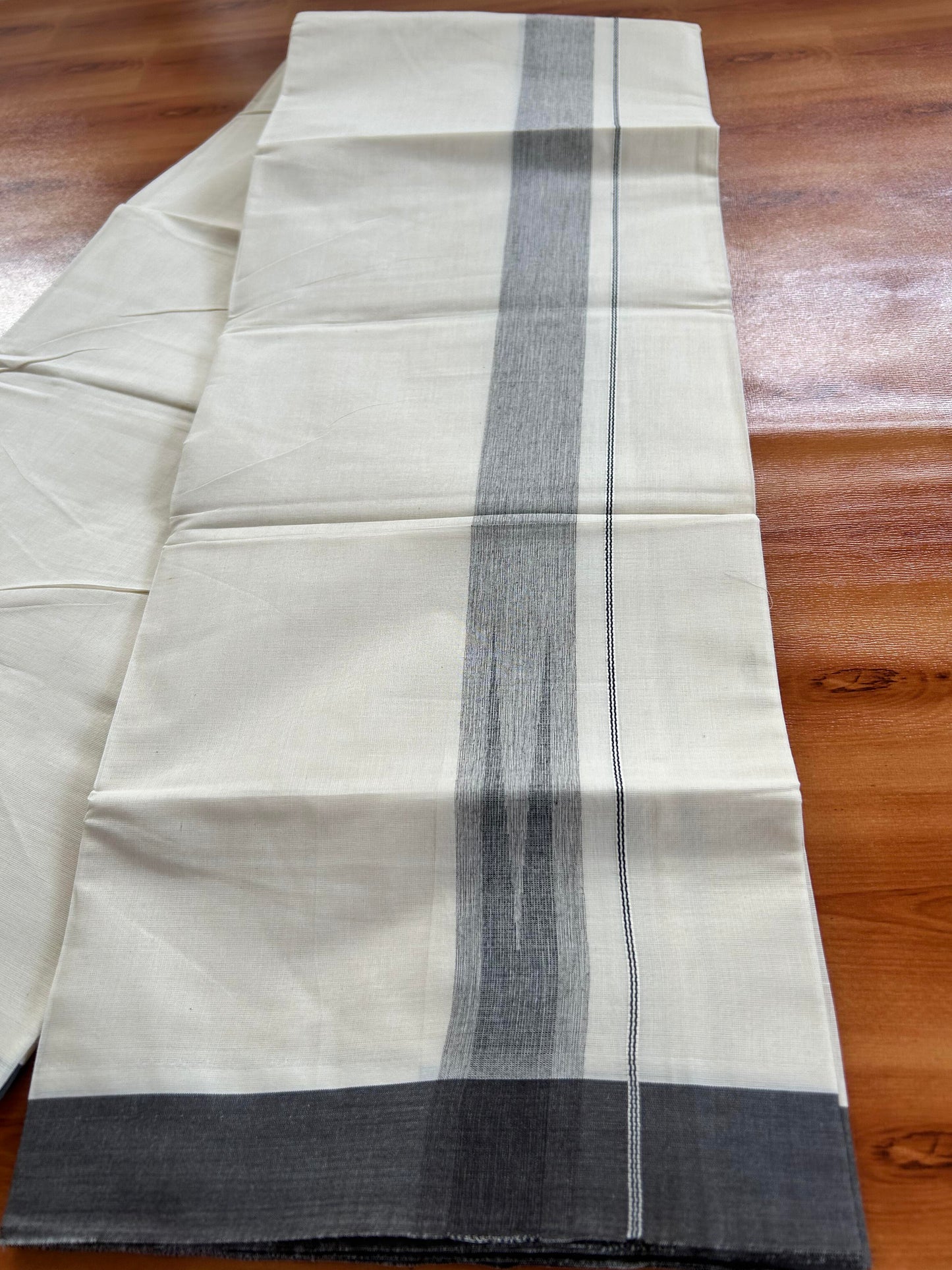 Double Off White - (Unbleached) - Mundu / Dhoti- 20% Discount ! KaithariKada Balaramapuram 100% Cotton - 100x80 -  1.5 inch Black Shaded Striped chutty - 15 KK5428 VAS