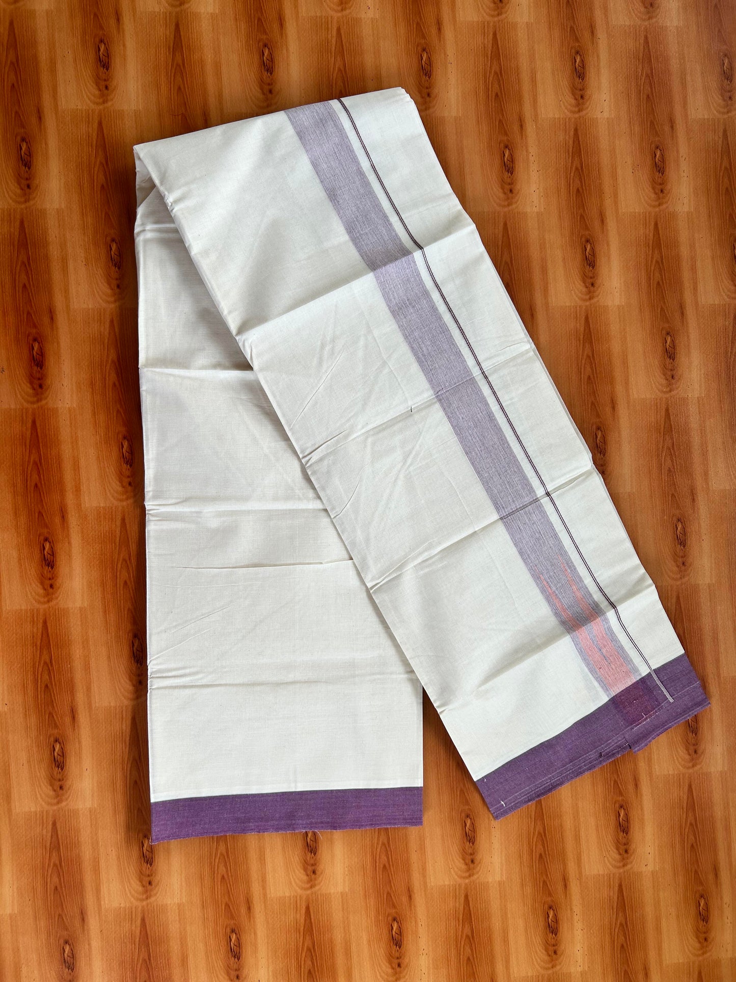 Double off white (Unbleached) Mundu/Dhoti - 20% Discount! KaithariKada Balaramapuram  Pure Cotton - 100X80 - 1.5 inch Silver kasavu & Purple & Peach Orange Shaded striped chutty - 4 mtr (8.5 Muzham) - 13 KK5428 VAS