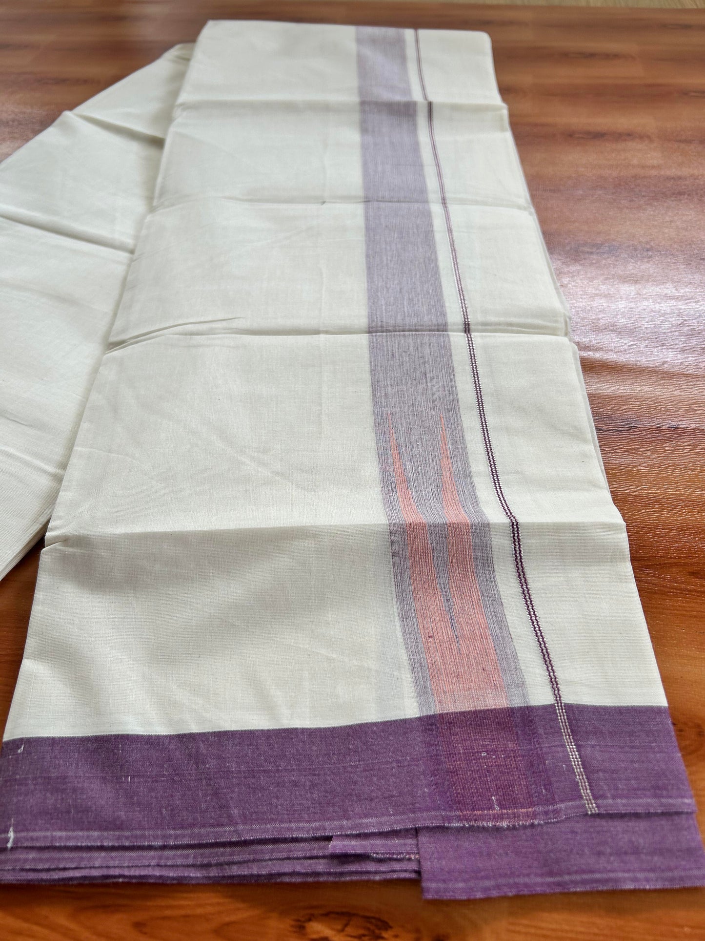 Double off white (Unbleached) Mundu/Dhoti - 20% Discount! KaithariKada Balaramapuram  Pure Cotton - 100X80 - 1.5 inch Silver kasavu & Purple & Peach Orange Shaded striped chutty - 4 mtr (8.5 Muzham) - 13 KK5428 VAS