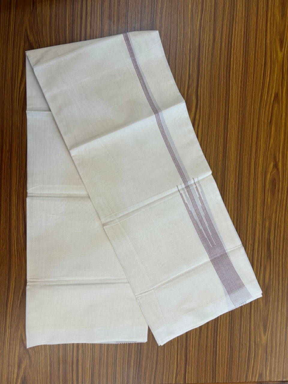 20% Discount! KaithariKada Balaramapuram 100%  Cotton Double off white (Unbleached) Mundu/Dhoti - 100X80 - 1.5 inch Maroon Striped chutty Kara 4 mtr (8.5 Muzham) - 50 KK5283 PMC