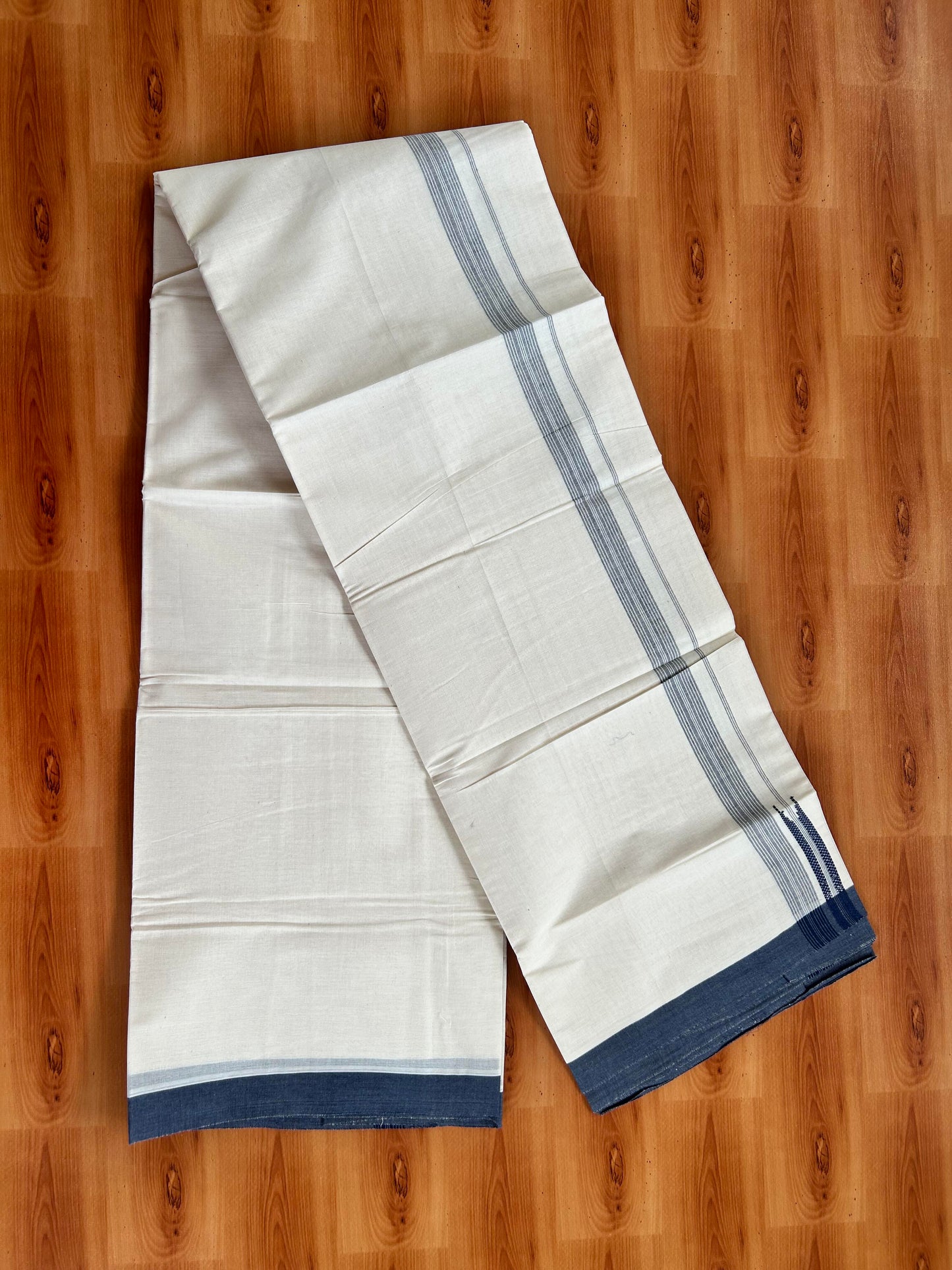 Double Off White - (Unbleached) - Mundu / Dhoti- 20% Discount ! KaithariKada Balaramapuram 100% Cotton - 100x80 -  1.5 inch Navy Blue Shaded Striped Chutty - 15 KK5428 VAS