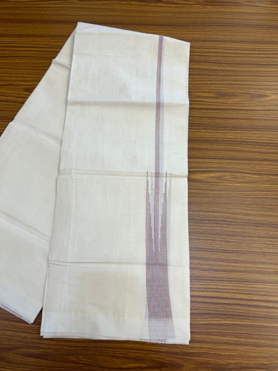 20% Discount! KaithariKada Balaramapuram 100%  Cotton Double off white (Unbleached) Mundu/Dhoti - 100X80 - 1.5 inch Maroon Striped chutty Kara 4 mtr (8.5 Muzham) - 50 KK5283 PMC