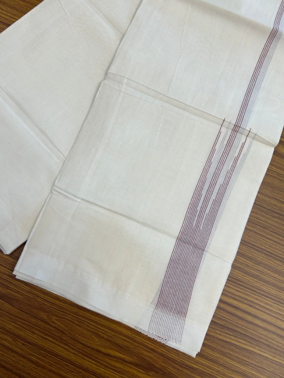20% Discount! KaithariKada Balaramapuram 100%  Cotton Double off white (Unbleached) Mundu/Dhoti - 100X80 - 1.5 inch Maroon Striped chutty Kara 4 mtr (8.5 Muzham) - 50 KK5283 PMC