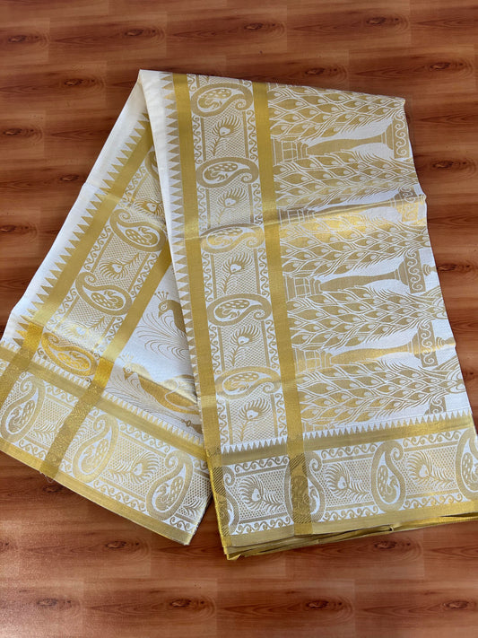 25% Discount! Kaitharikada Kerala Traditional Saree Off white- Mixed Cotton Kasav Saree - Gold Kasav Peacock Design Body - 80 KK7000 PMC