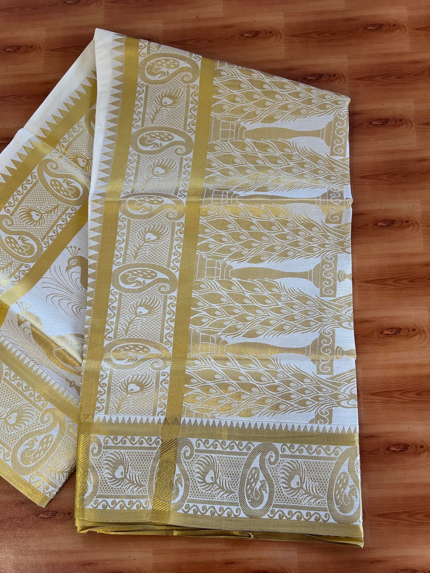 25% Discount! Kaitharikada Kerala Traditional Saree Off white- Mixed Cotton Kasav Saree - Gold Kasav Peacock Design Body - 80 KK7000 PMC