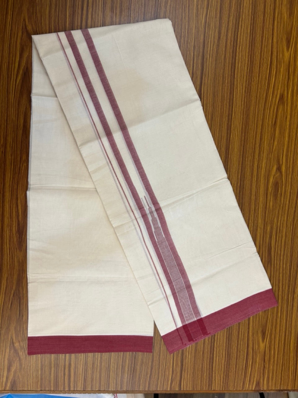 20% Discount! KaithariKada Balaramapuram 100% Cotton Double off white (Unbleached) Mundu/Dhoti - 100X80 - 1.75 inch Maroon Striped chutty Kara 4 mtr (8.5 Muzham) - 61 KK5283 PMC