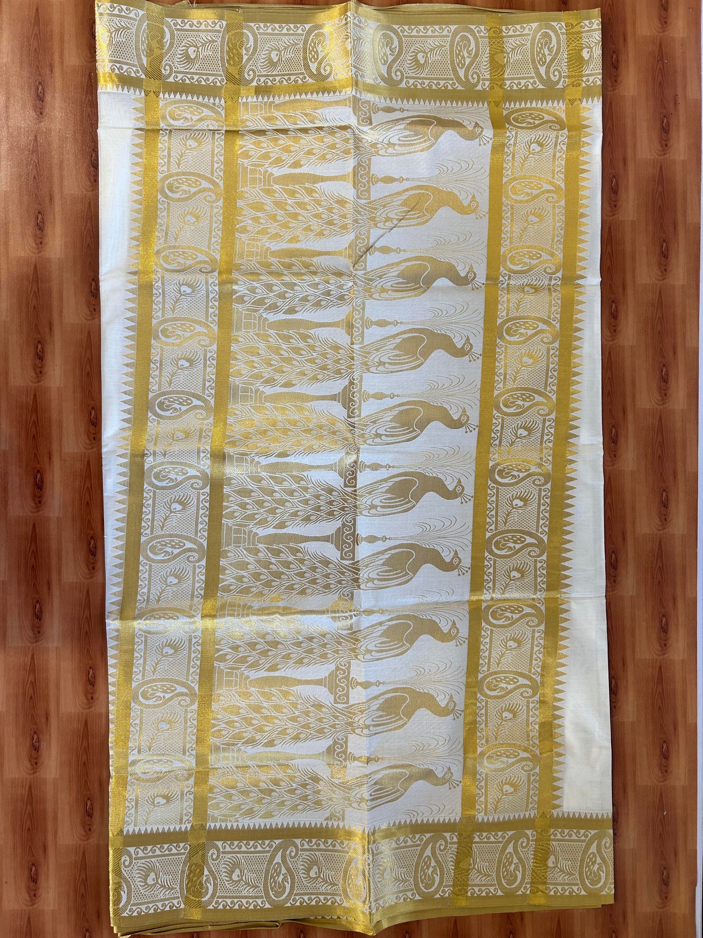 25% Discount! Kaitharikada Kerala Traditional Saree Off white- Mixed Cotton Kasav Saree - Gold Kasav Peacock Design Body - 80 KK7000 PMC