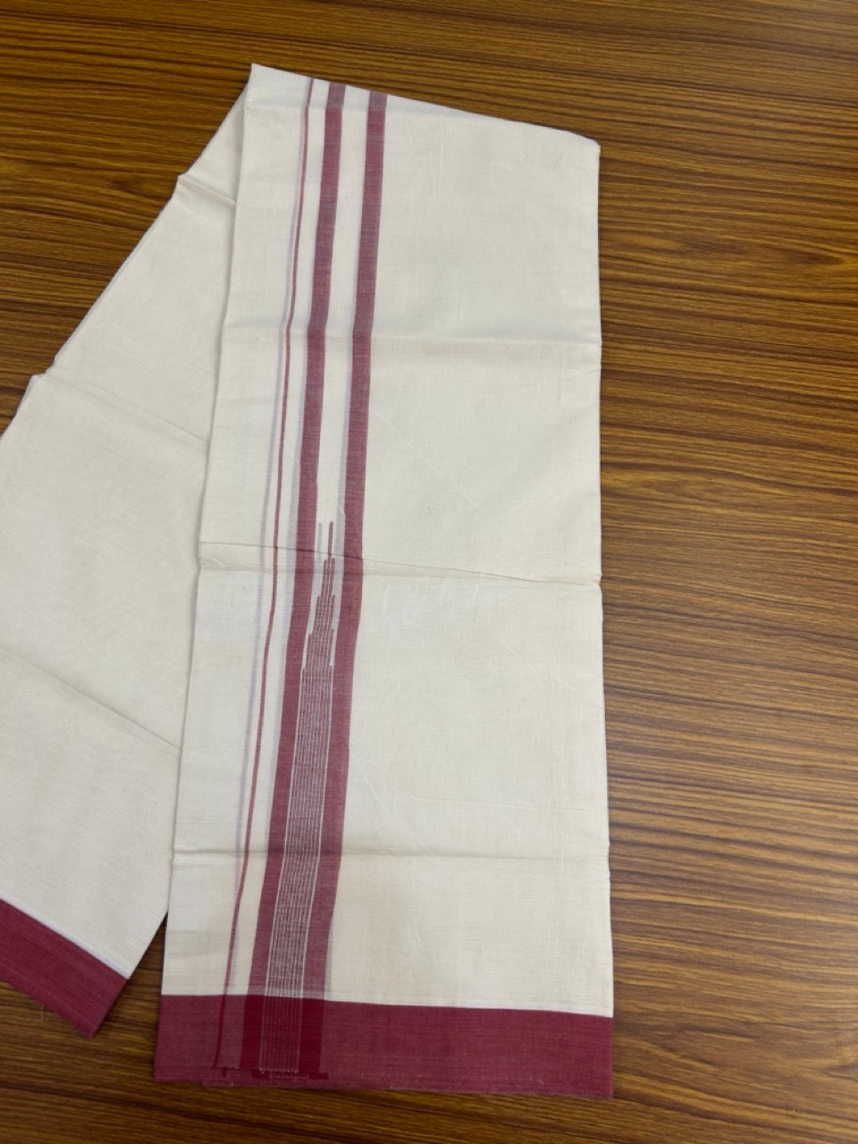 20% Discount! KaithariKada Balaramapuram 100% Cotton Double off white (Unbleached) Mundu/Dhoti - 100X80 - 1.75 inch Maroon Striped chutty Kara 4 mtr (8.5 Muzham) - 61 KK5283 PMC