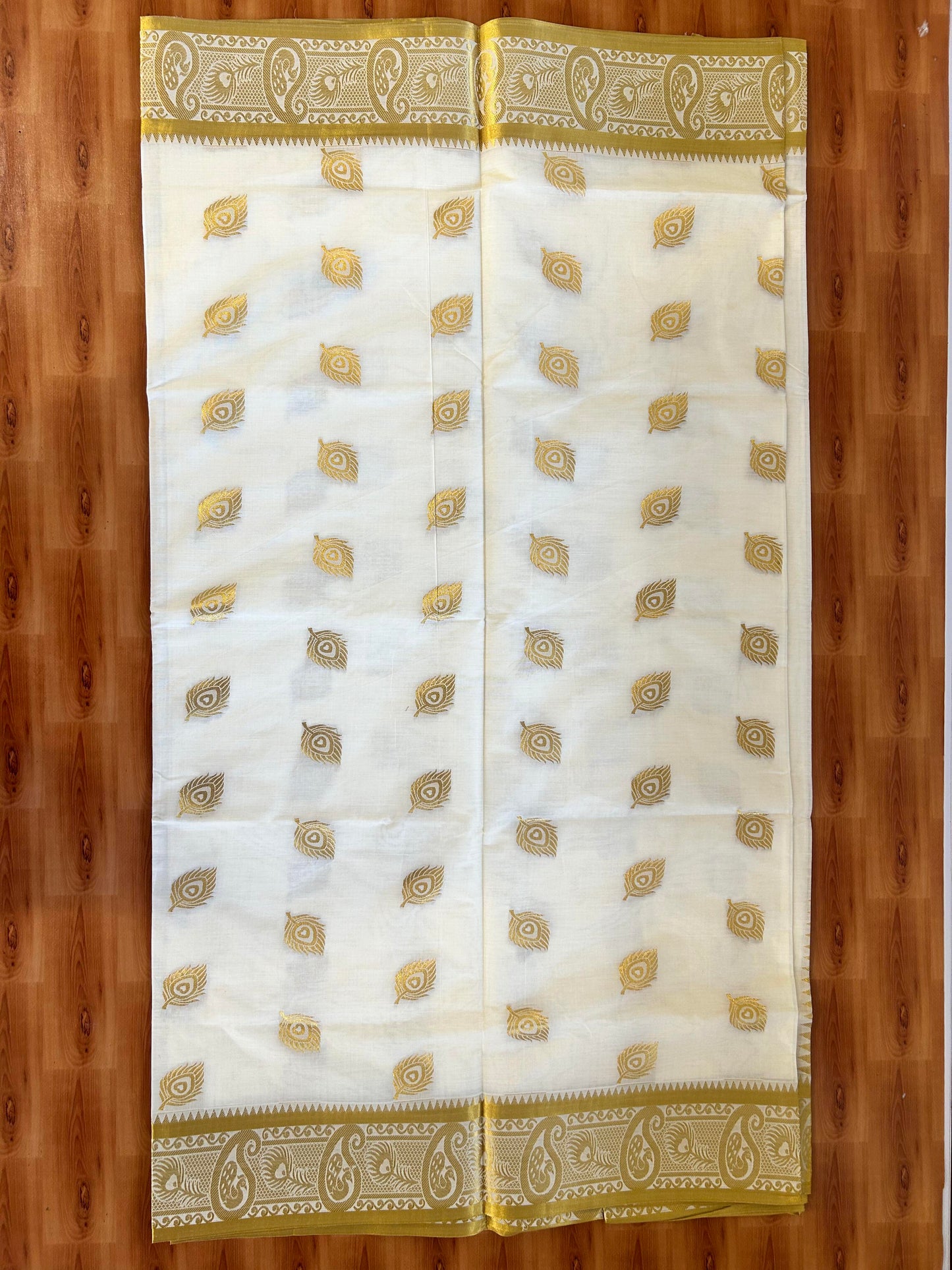 25% Discount! Kaitharikada Kerala Traditional Saree Off white- Mixed Cotton Kasav Saree - Gold Kasav Peacock Design Body - 80 KK7000 PMC