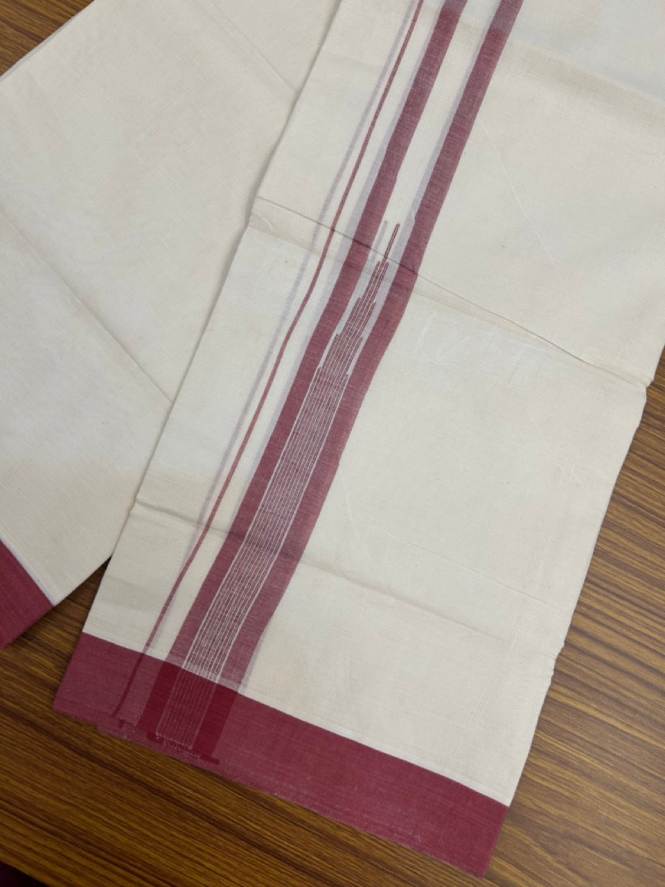 20% Discount! KaithariKada Balaramapuram 100% Cotton Double off white (Unbleached) Mundu/Dhoti - 100X80 - 1.75 inch Maroon Striped chutty Kara 4 mtr (8.5 Muzham) - 61 KK5283 PMC